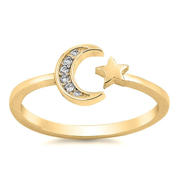 White CZ Open Adjustable Moon Star Gold-Tone 925 Sterling Silver Ring Sizes 2-10