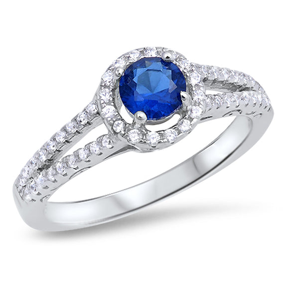 Round Blue Sapphire CZ Halo Wedding Ring .925 Sterling Silver Band Sizes 5-10