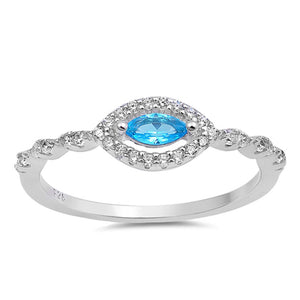 Evil Eye Aquamarine CZ Fashion Halo Ring New 925 Sterling Silver Band Sizes 4-10