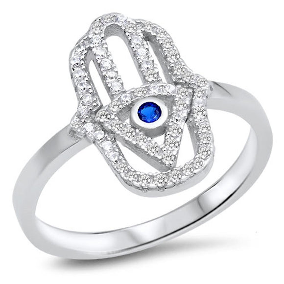 Hamsa Hand of God Blue Sapphire CZ Ring New .925 Sterling Silver Band Sizes 4-10