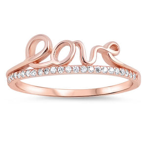 Rose Gold-Tone White CZ Love Script Word Ring Sterling Silver Band Sizes 5-10