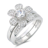 Flower Set Clear CZ Cute Solitaire Ring New .925 Sterling Silver Band Sizes 5-9