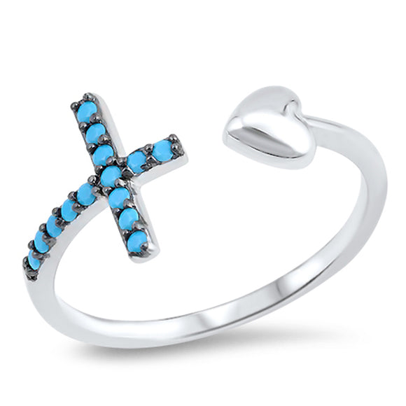 Open Turquoise Cross Puffed Heart Promise Ring .925 Sterling Silver Sizes 4-10