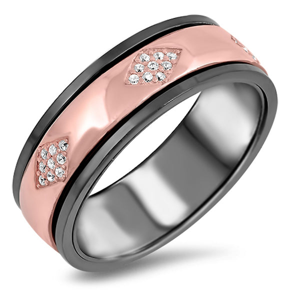 Rose Gold-Tone Clear CZ Spinner Wedding Ring Sterling Silver Black Band Sizes 5-12