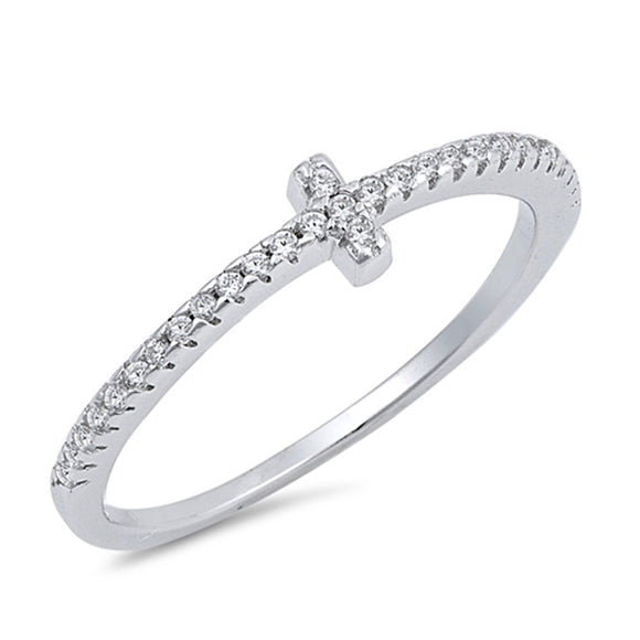 Clear CZ Sideways Cross Stackable Ring New .925 Sterling Silver Band Sizes 2-10