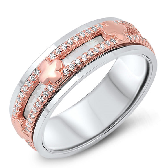 Rose Gold-Tone White CZ Clover Spinner Wedding Ring Sterling Silver Band Sizes 5-12