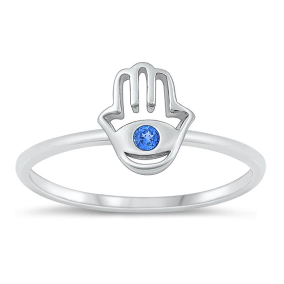 Sterling Silver Blue Sapphire CZ Hamsa Ring