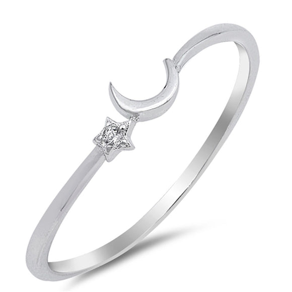 Cute Thin Crescent Moon Star Space Sterling Silver Ring Sizes 1-13