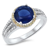 Round Blue Sapphire CZ Gold-Tone Halo Ring .925 Sterling Silver Band Sizes 5-10