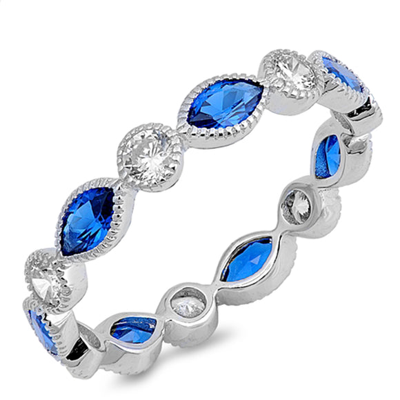 Elegant Eternity Marquise Blue Sapphire CZ Sterling Silver Ring Sizes 4-12