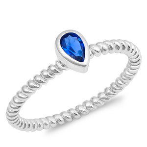 Teardrop Blue Sapphire CZ Ring .925 Sterling Silver Bali Twist Band Sizes 4-9