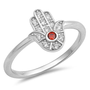 Garnet CZ Hamsa Hand of God Ring .925 Sterling Silver Solitaire Band Sizes 4-10