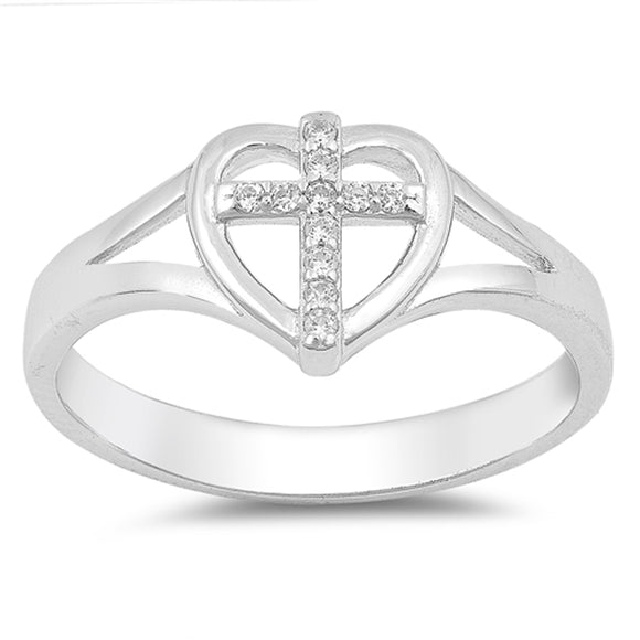 Clear CZ Cross Heart Christian Love Ring .925 Sterling Silver Band Sizes 4-10