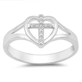 Clear CZ Cross Heart Christian Love Ring .925 Sterling Silver Band Sizes 4-10