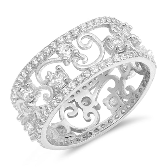 Clear CZ Swirl Filigree Elegant Ring .925 Sterling Silver Thumb Band Sizes 5-10