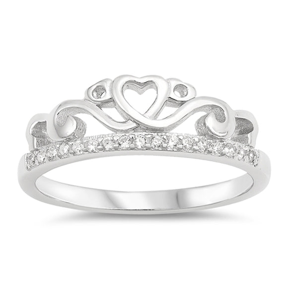 Clear CZ Filigree Wave Heart Tiara Princess Ring Sterling Silver Band Sizes 4-10