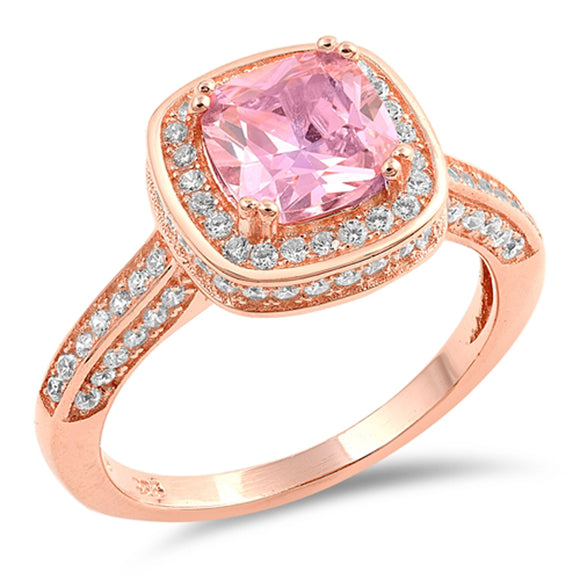 Pink CZ Rose Gold-Tone Halo Square Ring New .925 Sterling Silver Band Sizes 5-12