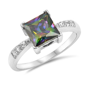 Rainbow Topaz CZ Square Solitaire Mount Ring 925 Sterling Silver Band Sizes 4-10