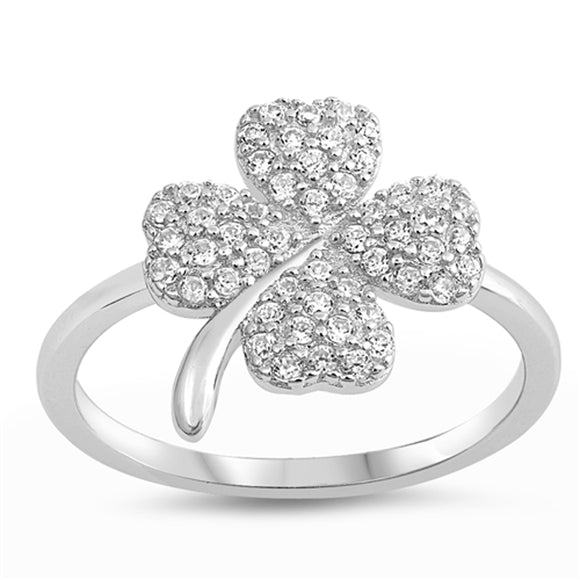 Clear CZ Good Luck Clover Irish Heart Ring .925 Sterling Silver Band Sizes 5-10