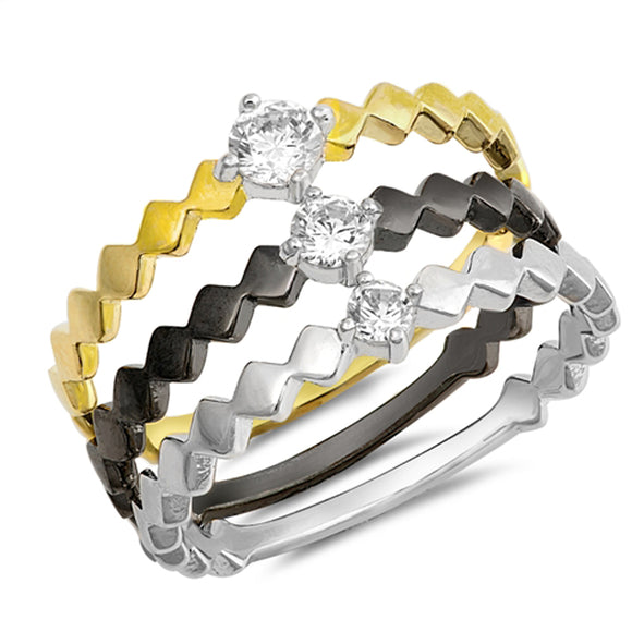 Clear CZ Black Yellow Journey Zig Zag Ring Set Sterling Silver Band Sizes 5-10