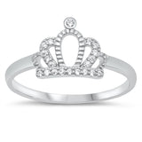 Clear CZ Polished Elegant Studded Princess Crown Ring New .925 Sterling Silver Band Sizes 4-10