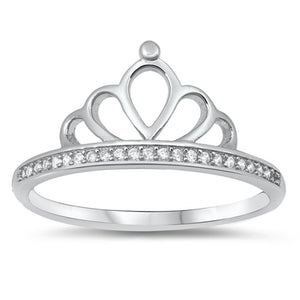 Clear CZ Studded Cutout Princess Crown Polished Ring New .925 Sterling Silver Band Sizes 4-10