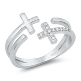 Clear CZ Double Sideways Cross Polished Ring New .925 Sterling Silver Band Sizes 5-10