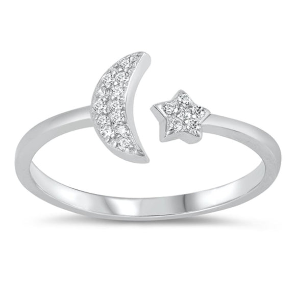 Clear CZ Crescent Moon Star Studded Classic Ring New .925 Sterling Silver Band Sizes 4-10