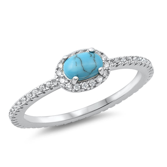 Clear CZ Turquoise Sideways Halo Oval Band Sterling Silver Ring Sizes 4-10