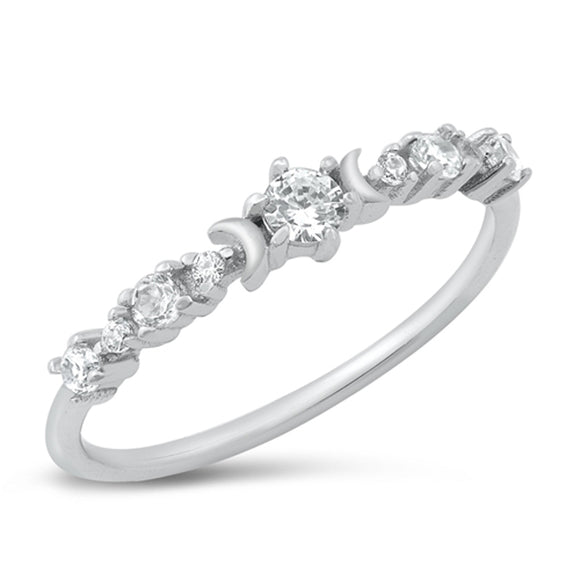 Clear CZ Crescent Moon Promise Ring New .925 Sterling Silver Band Sizes 4-10