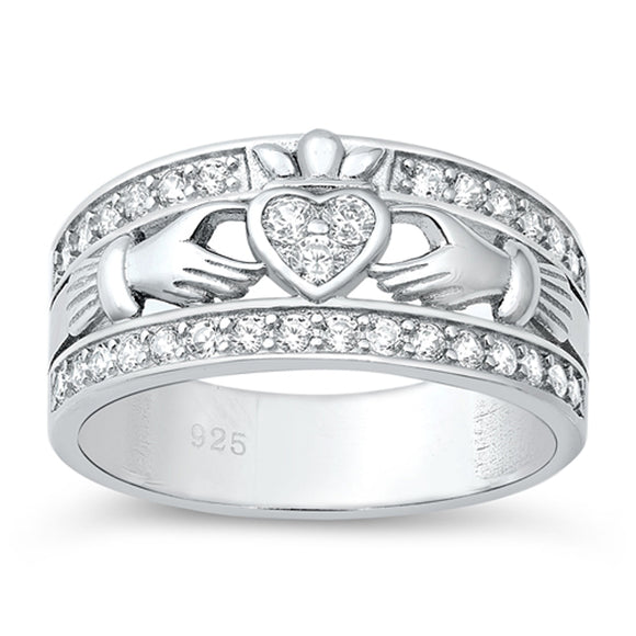 White CZ Wide Traditional Claddagh Ring New .925 Sterling Silver Band Sizes 4-10