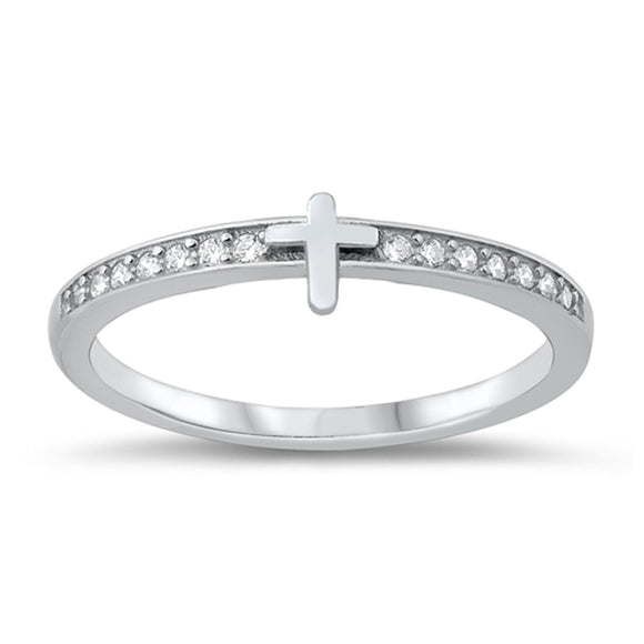 White CZ Thin Cross Ring New .925 Sterling Silver Band Sizes 4-10