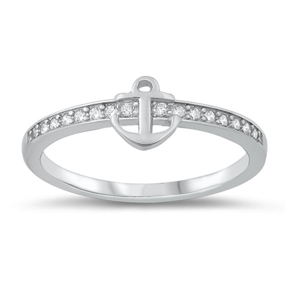 Clear CZ Thin Studded Anchor Ring New .925 Sterling Silver Band Sizes 4-10