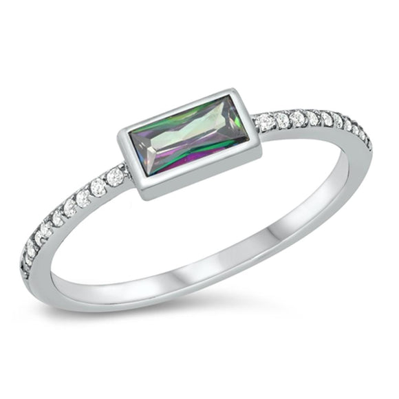 Polished Sideways Bar Ring Rainbow Topaz CZ .925 Sterling Silver Band Sizes 4-10