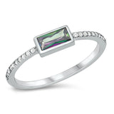 Polished Sideways Bar Ring Rainbow Topaz CZ .925 Sterling Silver Band Sizes 4-10