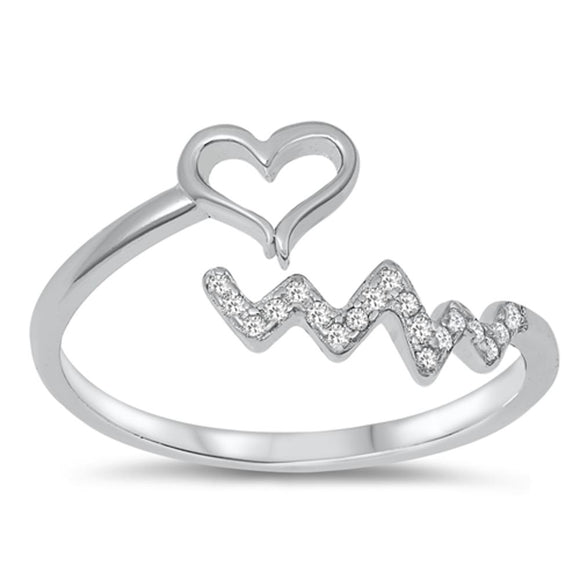 EKG Heart Beat White CZ Adjustable Ring New .925 Sterling Silver Band Sizes 4-10