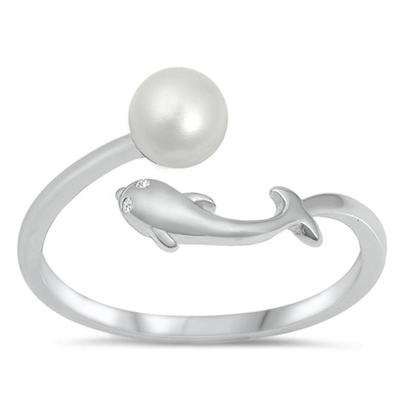 Freshwater Pearl Adjustable Dolphin Ring .925 Sterling Silver Band Sizes 4-10