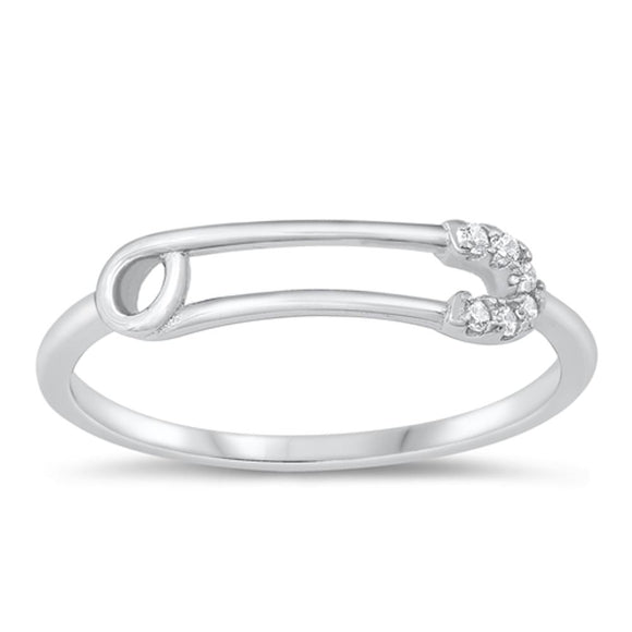 Sterling Silver White CZ Safety Pin Ring