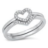 Heart Set Love Clear CZ Polished Ring New .925 Sterling Silver Band Sizes 5-10