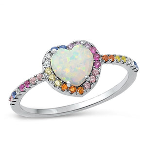 Sterling Silver White Lab Opal Heart Ring