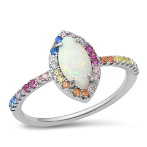 Sterling Silver White Lab Opal Rainbow CZRing