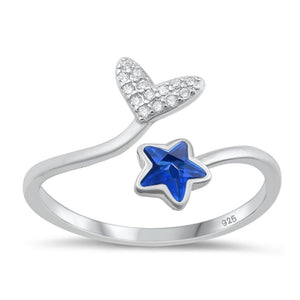 Sterling Silver Blue Sapphire CZ Star & Mermaid Tail Ring