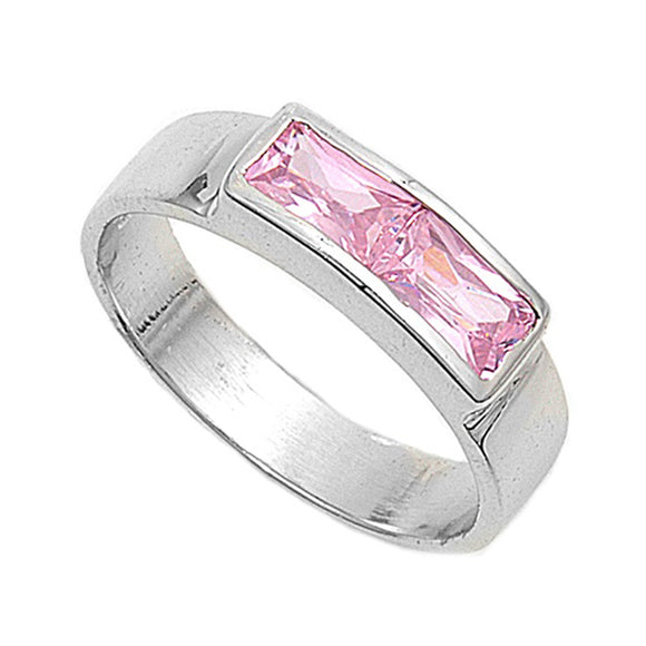 Pink CZ Beautiful Rectangle Double Ring New .925 Sterling Silver Band Sizes 1-4