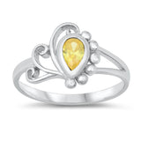 Yellow CZ Unique Teardrop Filigree Swirl Cutout Sterling Silver Ring Sizes 1-5