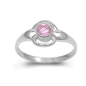 Pink CZ Bezel Round Solitaire Cute Baby Sterling Silver Ring Sizes 1-5