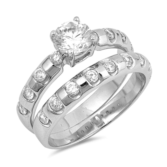 Round Clear CZ Bridal Wedding Ring Set New .925 Sterling Silver Band Sizes 5-9