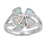 Sterling Silver Palm Tree White Lab Opal Four Leaf Clover Lucky Ring Sizes 5-9