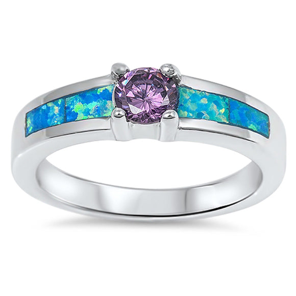 Amethyst CZ Blue Lab Opal Classic Ring New .925 Sterling Silver Band Sizes 5-10