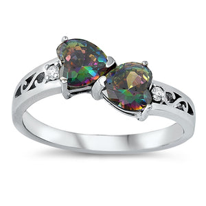 Rainbow Topaz CZ Filigree Swirl Double Heart Sterling Silver Ring Sizes 4-10