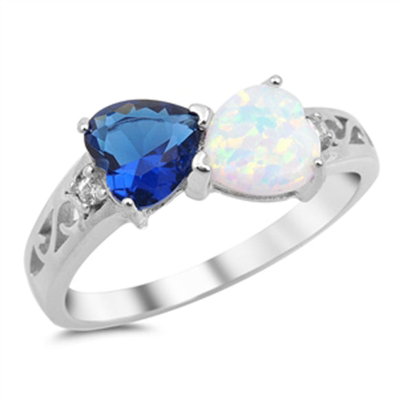 Heart Blue Sapphire CZ White Lab Opal Promise Ring Sterling Silver Sizes 4-12